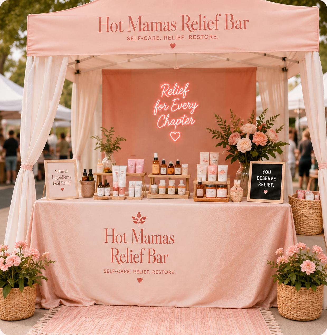 Hot Mamas Relief Bar pop-up booth with wellness products displayed